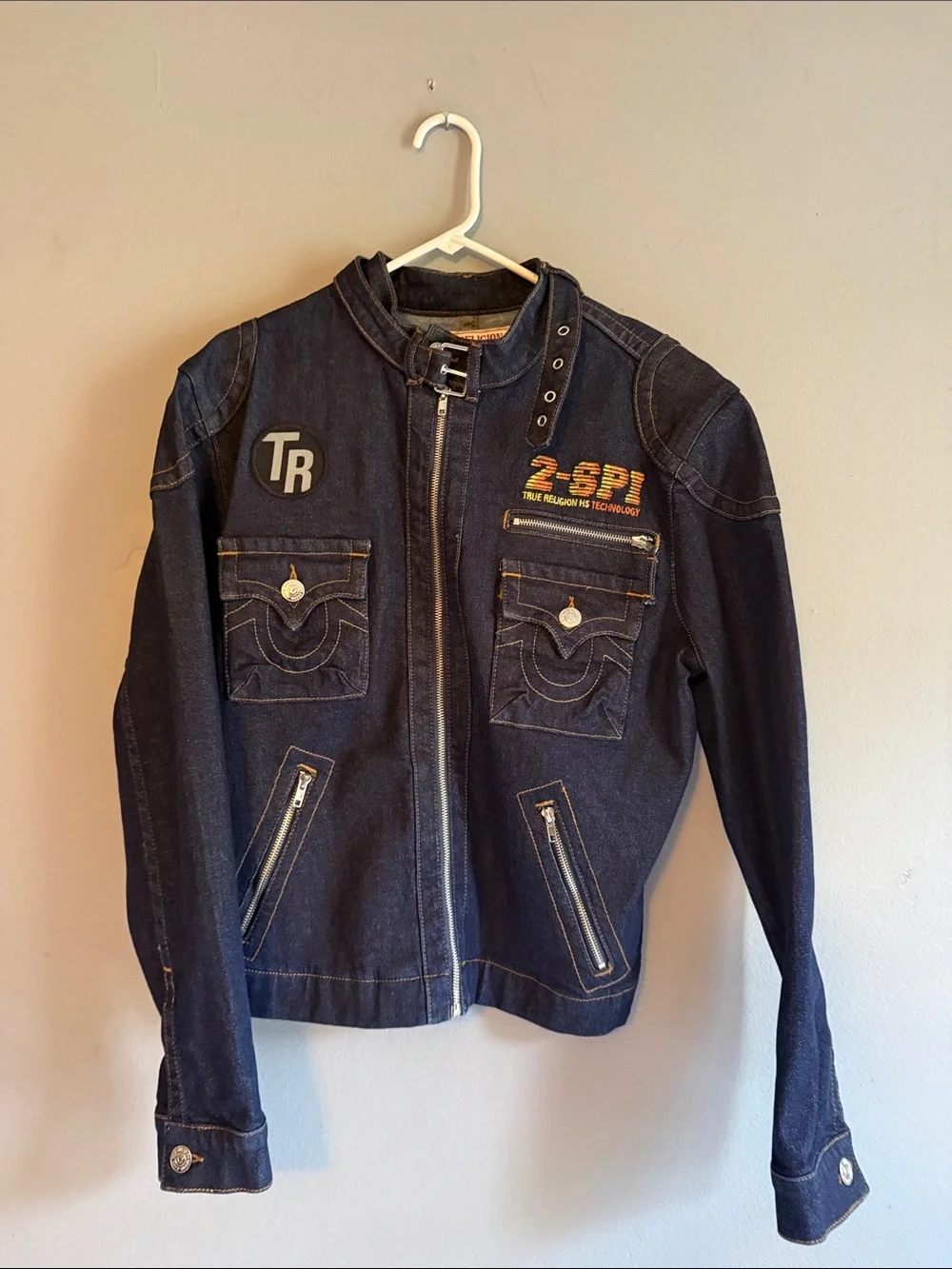 True Religion Dark Blue Denim Jacket with Embroidered Accents